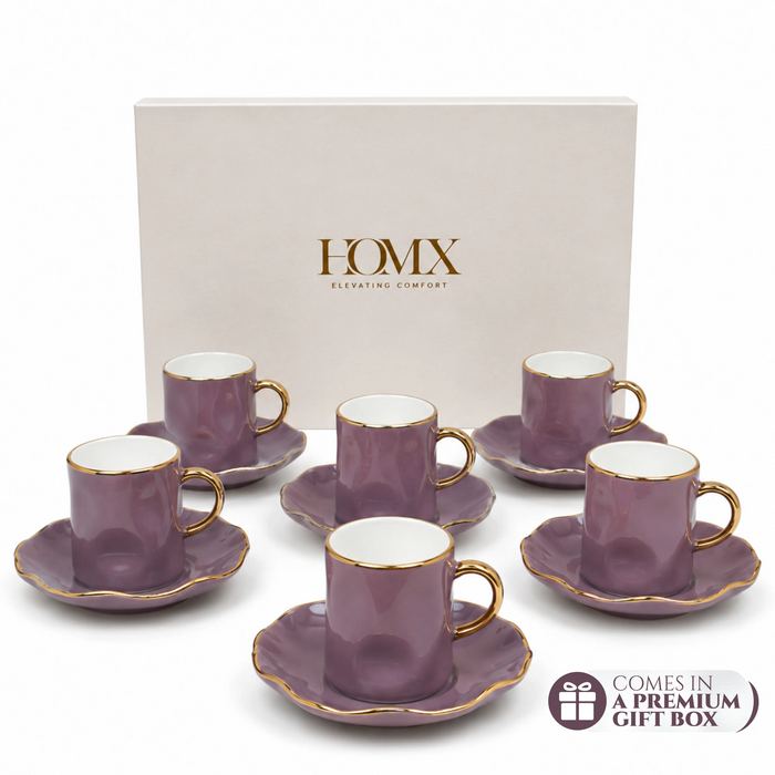 Elegant Purple Ceramic Mug & Saucer Set – Premium Set of 6 (100ml each)
