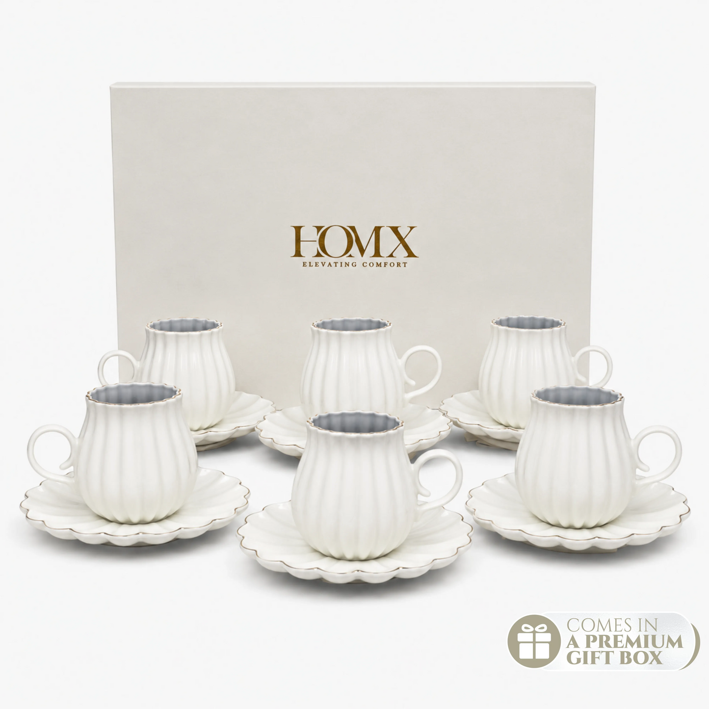 Ivory Luxe Gold Rim Ceramic Tea & Coffee Mug Set with Saucers (6 Pcs) - 250ml each