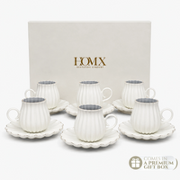Ivory Luxe Gold Rim Ceramic Tea & Coffee Mug Set with Saucers (6 Pcs) - 250ml each