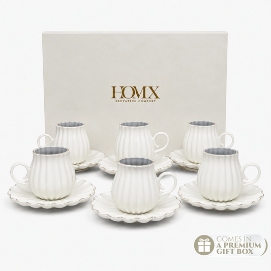 Ivory Luxe Gold Rim Ceramic Tea & Coffee Mug Set with Saucers (6 Pcs) - 250ml each