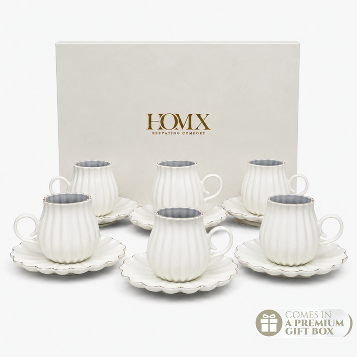 Ivory Luxe Gold Rim Ceramic Tea & Coffee Mug Set with Saucers (6 Pcs) - 250ml each