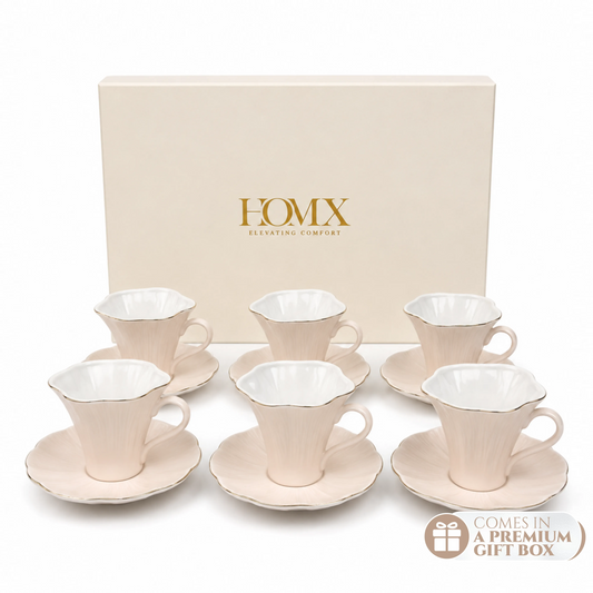 Premium Beige Ceramic Mug & Saucer with Gold Rim - Set of 6 (100ml each)