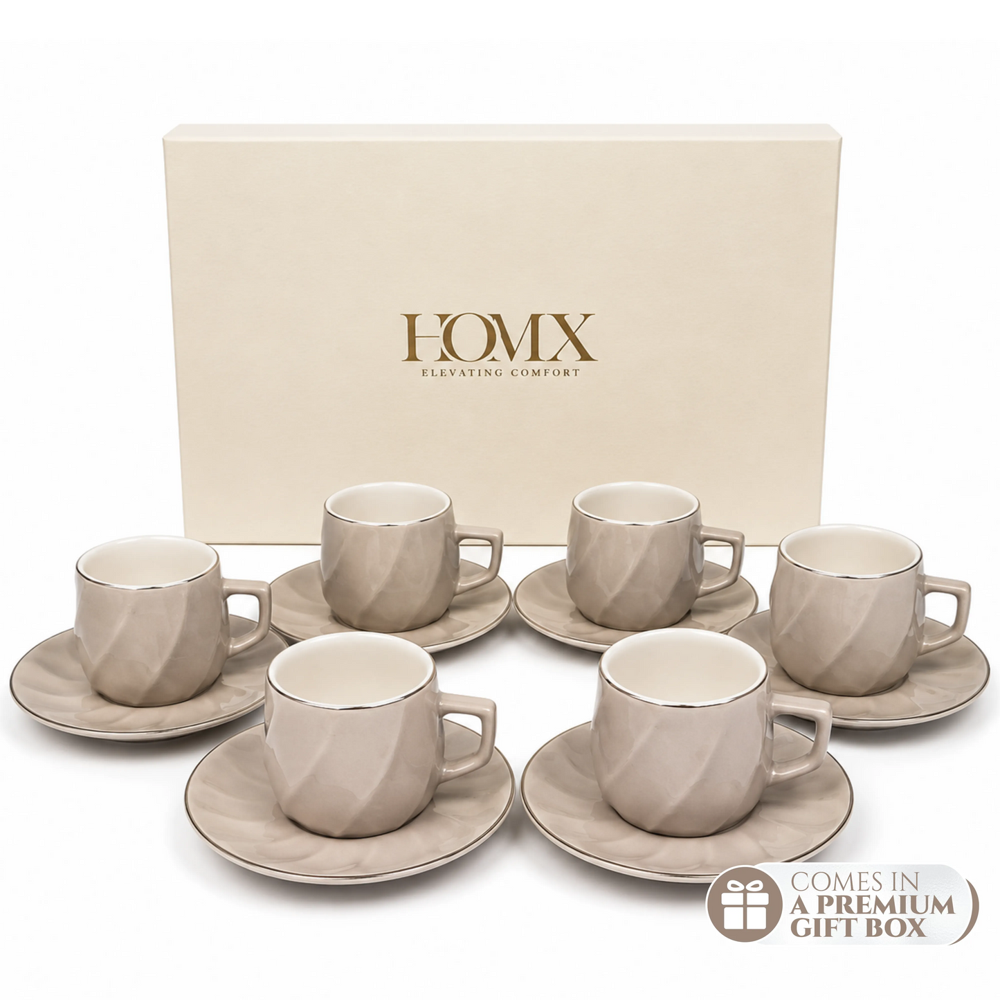 Light Grey Premium Gold Rim Ceramic Mug & Saucer - Set of 6 (75ml each)
