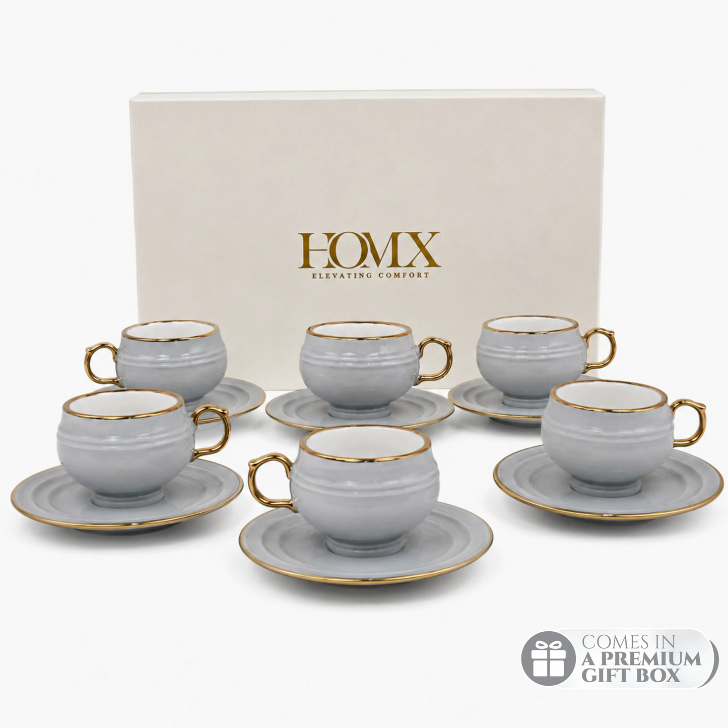 Light Grey with Gold Rim Ceramic Mug & Saucer Set – Set of 6 (100ml each)