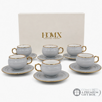 Light Grey with Gold Rim Ceramic Mug & Saucer Set – Set of 6 (100ml each)