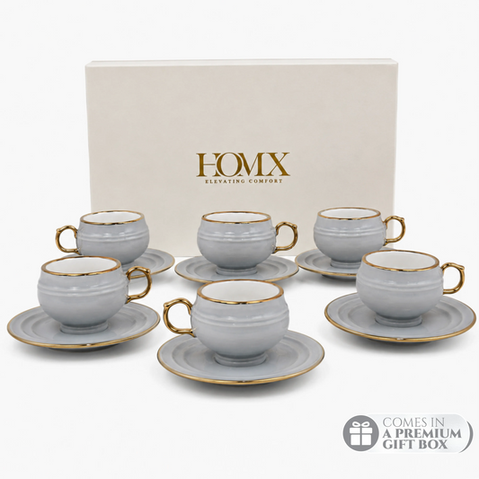 Light Grey with Gold Rim Ceramic Mug & Saucer Set – Set of 6 (100ml each)