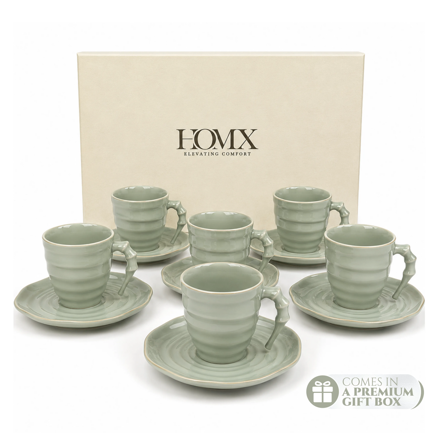 Luxury Sage Green Ceramic Mug & Saucer Set with Gold Rim - 6 Pcs (100ml each)