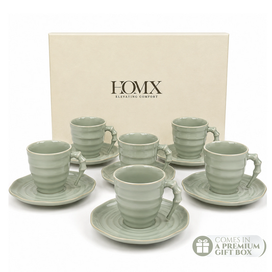 Luxury Sage Green Ceramic Mug & Saucer Set with Gold Rim - 6 Pcs (100ml each)